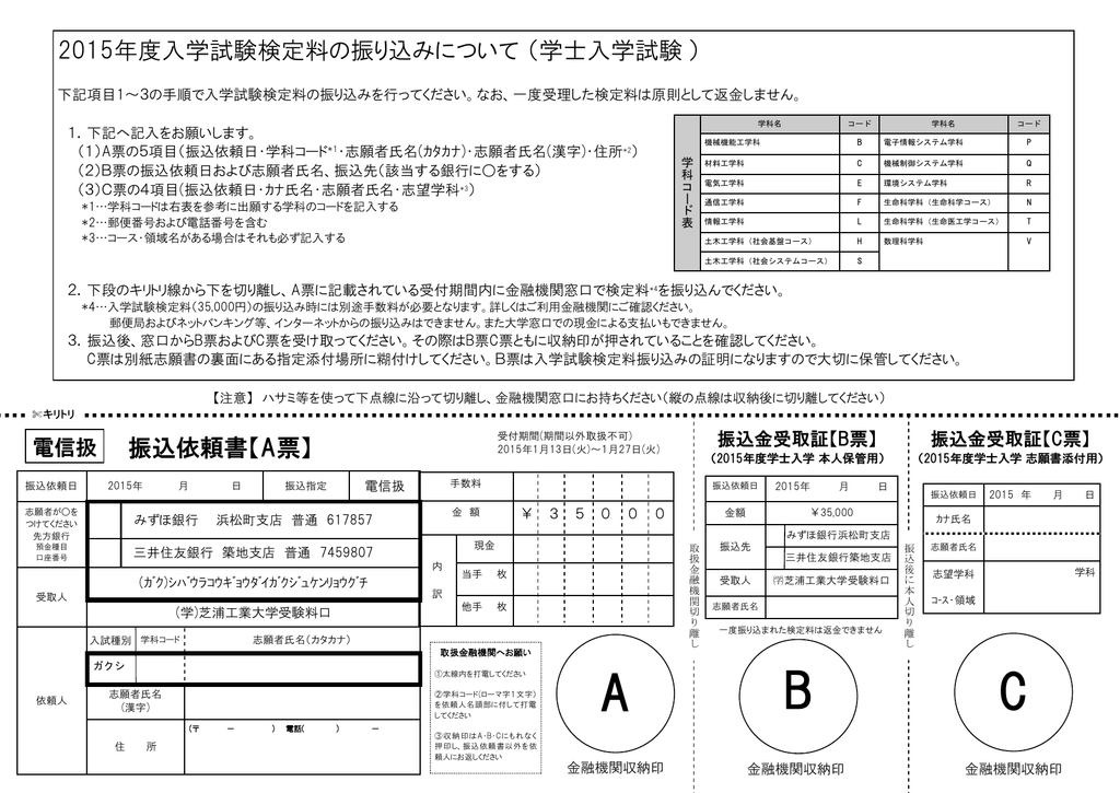 電信扱 振込依頼書 A票 15年度入学試験検定料の