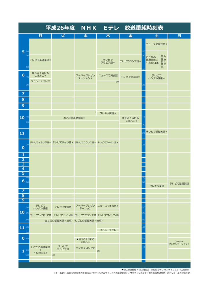 平成26年度 Nhk Eテレ 放送番組時刻表