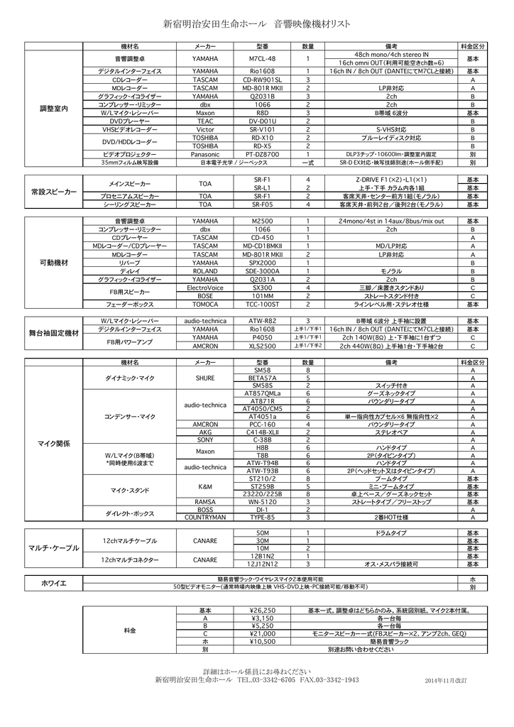 新宿明治安田生命ホール 音響映像機材リスト