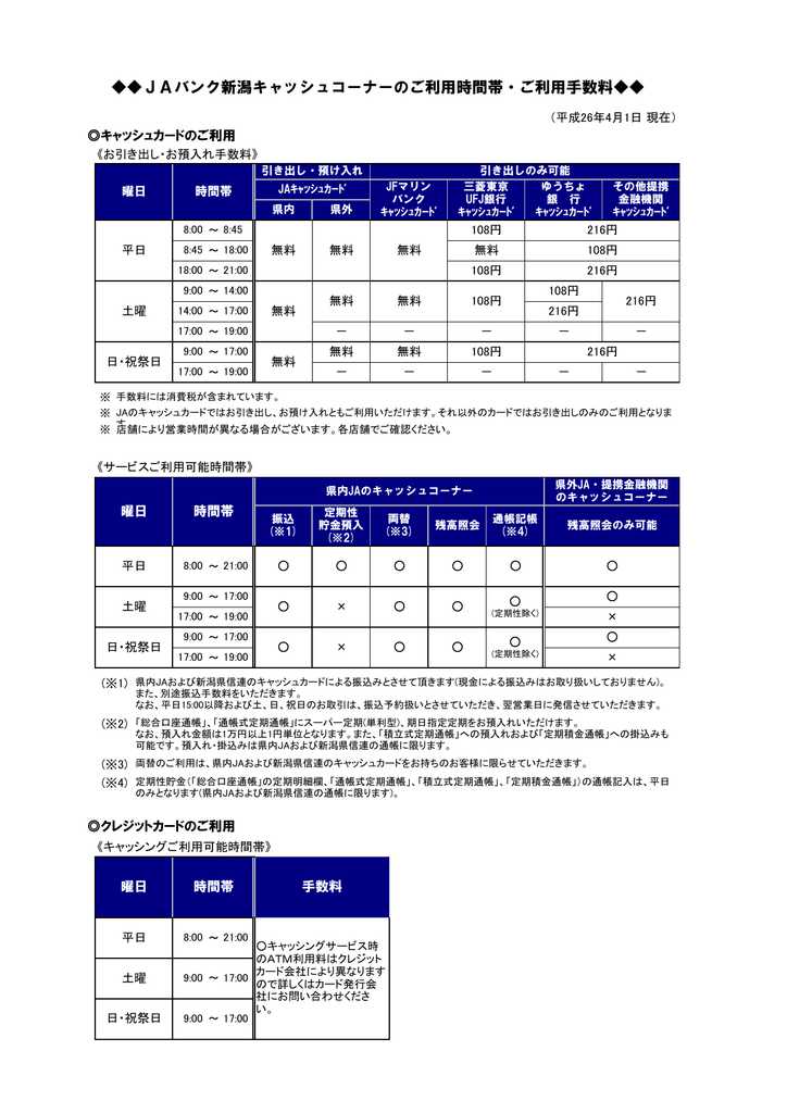 Jaバンク新潟キャッシュコーナーのご利用時間帯 ご利用手数料