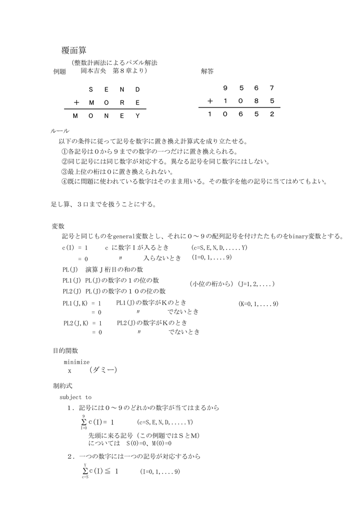 覆面算 鉛筆パズルの整数計画法による解法定式化集
