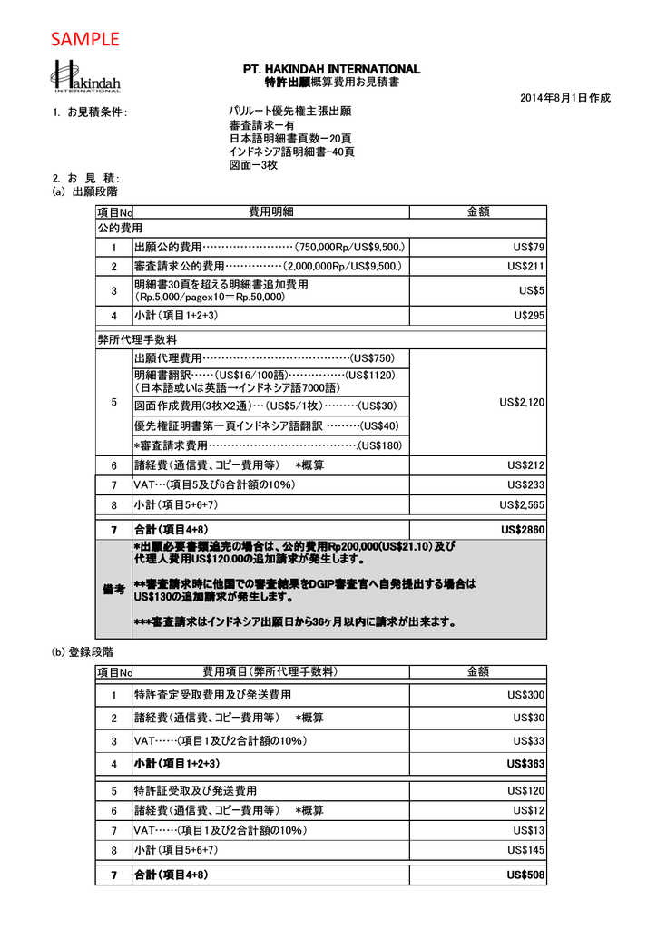 特許出願概算費用お見積書 サンプル