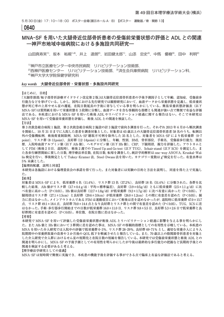 Mna Sfを用いた大腿骨近位部骨折患者の受傷前栄養状態の評価と