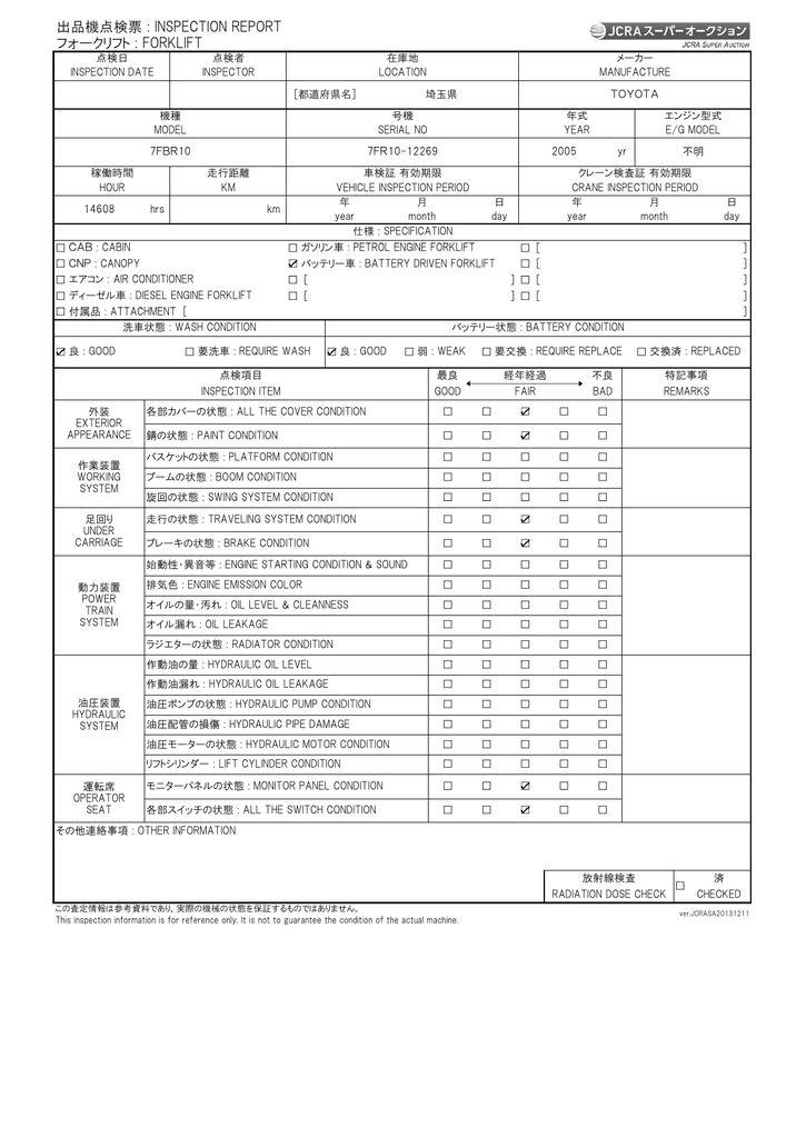 出品機点検票 Inspection Report フォークリフト Forklift