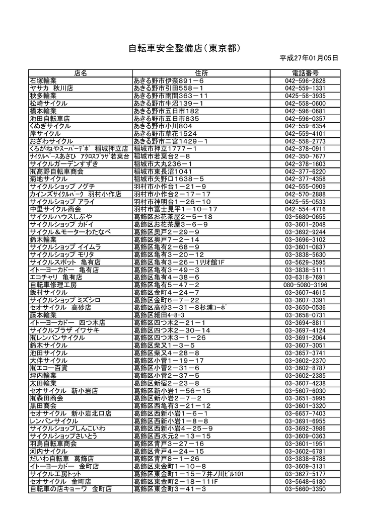 自転車安全整備店 東京都