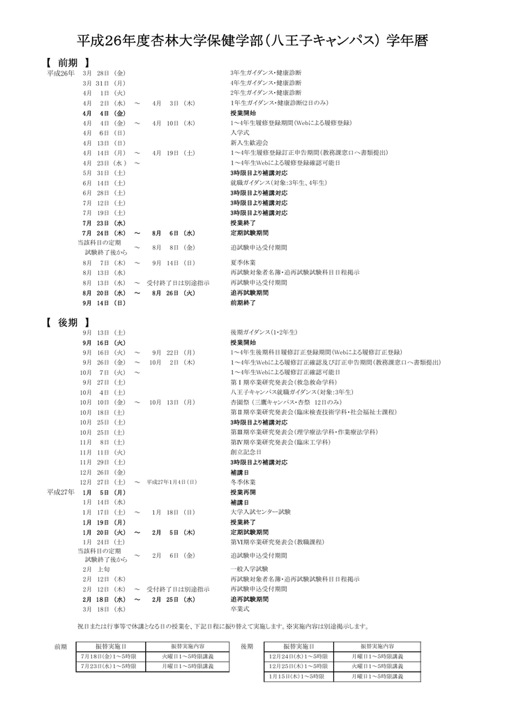 平成26年度杏林大学保健学部 八王子キャンパス 学年暦