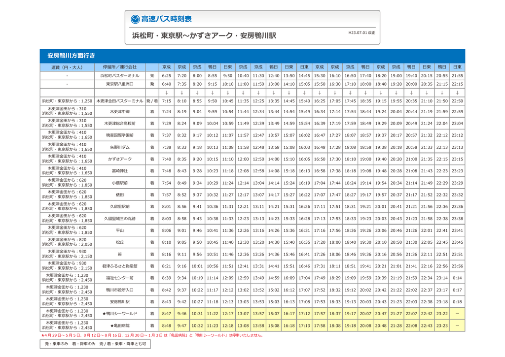 高速バス時刻表 浜松町 東京駅 かずさアーク 安房鴨川駅