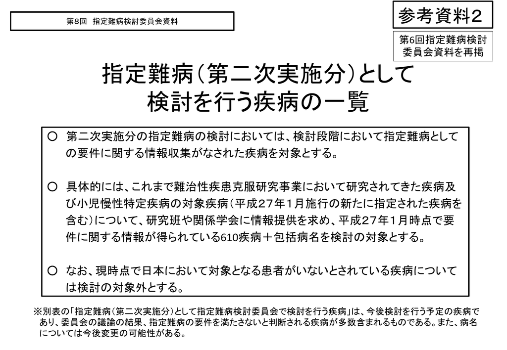 指定難病 第二次実施分 として 検討を行う疾病の一覧