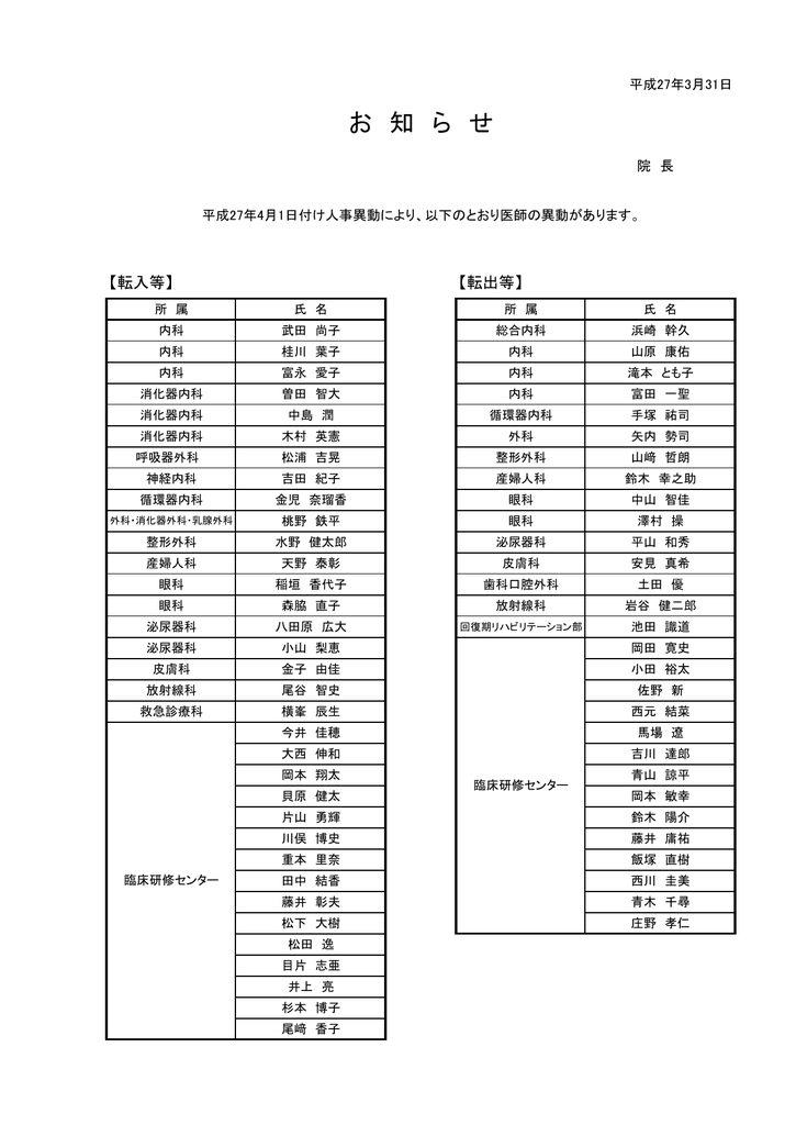 医師異動のお知らせ