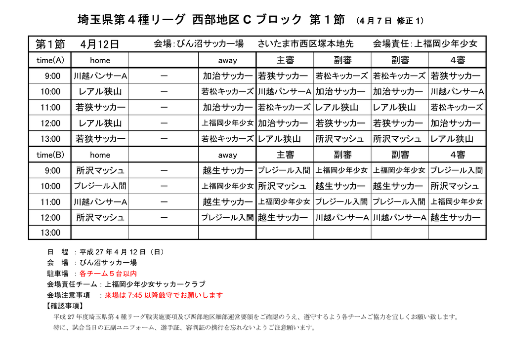 埼玉県第4種リーグ 西部地区 C ブロック 第1節